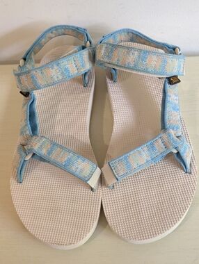 Teva Women’s Light Blue, Peach & White Patterned Velcro Strap Sandals Size 9